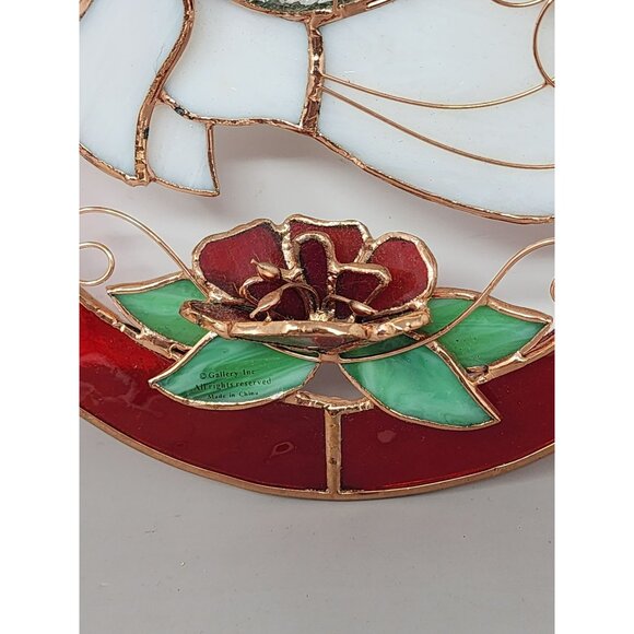 Vintage Christmas/Holiday Round 3-D Stained‎ Glass Trumpeting Angel With Rose - Picture 4 of 11